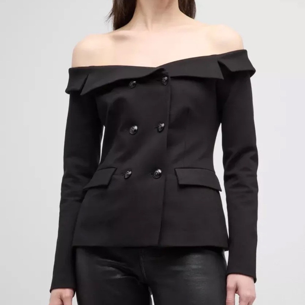 L' Agence Stephan Off-Shoulder Black Double-Breasted stretch Jacket XS - Picture 2 of 10